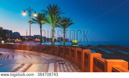 Benalmadena, Spain. Night View Of Embankment, Promenade In Benalmadena. Benalmadena Is A Town In And