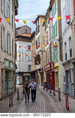 Foix, France :  2020 09 Sept, : People Walk In The Street Of The Village Foix In The South Of France