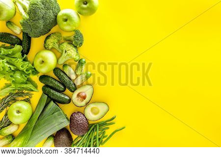 Greeny Cocktail Ingredients.green Vegetables Background. Сucumber, Avocado, Broccoli, Beans, Leek An