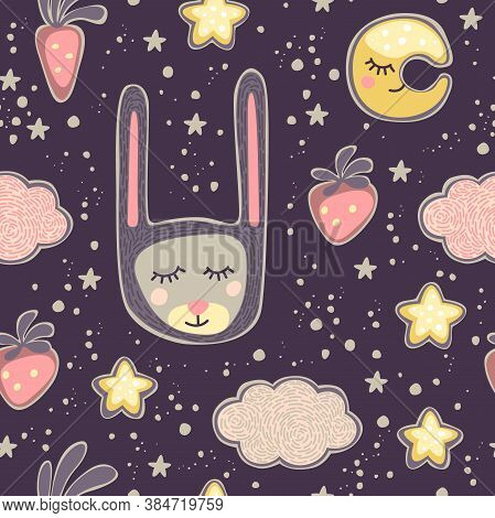 Vector Seamless Pattern With Sleeping Character In Bunny Mask With Ears. Moon On Purple Night Backgr