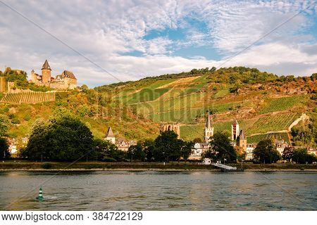 The River Rhjine Near Kaub Germany And The Castle Of Kaub
