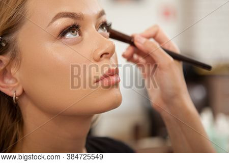 Close Up Of Profile Of A Gorgeous Woman Getting Professional Makeup Done At The Salon