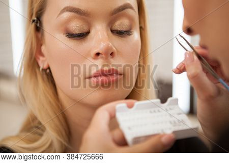 Beautiful Woman Getting Professional Makeup At The Salon, Makeup Artist Gluing False Lashes
