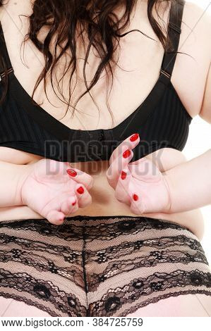 Fat Woman Wearing Black Lingerie Bra And Panties Back View. Plus Size Female Opening Taking Off Or P
