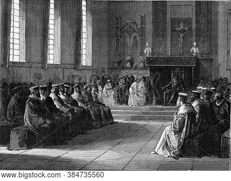 Henri IV making speech to the Notables in Rouen, Vintage engraving. From Popular France, 1869.