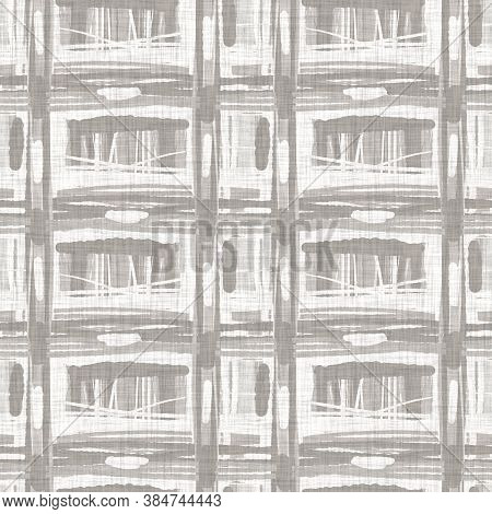 French Woven Linen Texture Geometric Shape Background. Old Ecru Flax Grey Geo Motif Seamless Pattern