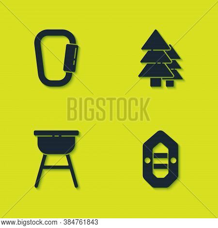 Set Carabiner, Rafting Boat, Barbecue Grill And Tree Icon. Vector