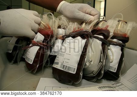 Salvador, Bahia / Brazil - February 10, 2009: Donated Blood Bag In Blood Center In Eunapolis City. T