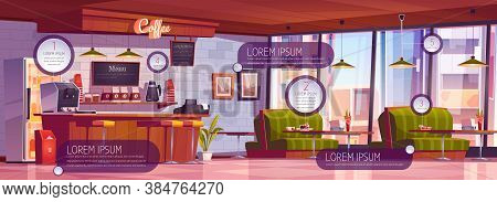 Coffee Shop Interior With Infographic Elements. Vector Cartoon Illustration Of Empty Cafe With Woode