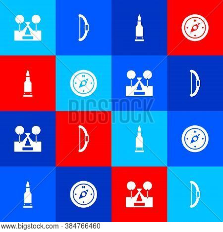 Set Tourist Tent, Bow, Bullet And Compass Icon. Vector