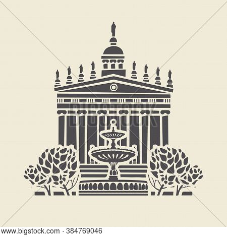 Icon Or Stencil Of A Stylized Old Building With Columns And Pediment, Trees And A Fountain. Decorati
