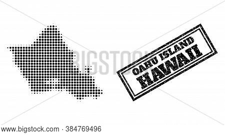Halftone Map Of Oahu Island, And Textured Seal. Halftone Map Of Oahu Island Constructed With Small B