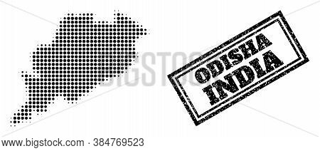 Halftone Map Of Odisha State, And Scratched Watermark. Halftone Map Of Odisha State Generated With S