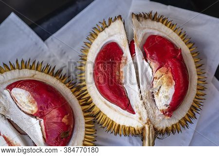 Fruits Of Sabah Borneo Called Durian Dalit And Its Flesh Is In Red Color. The Durian Dalit For Sell 