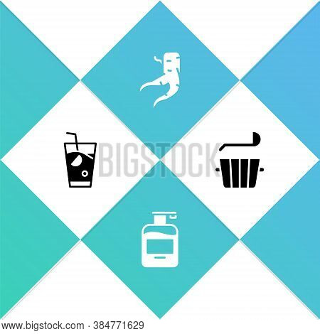 Set Fresh Smoothie, Bottle Of Liquid Soap, Ginger Root And Sauna Bucket And Ladle Icon. Vector