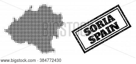 Halftone Map Of Soria Province, And Dirty Seal. Halftone Map Of Soria Province Made With Small Black
