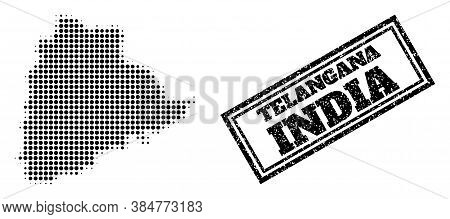 Halftone Map Of Telangana State, And Grunge Seal Stamp. Halftone Map Of Telangana State Made With Sm