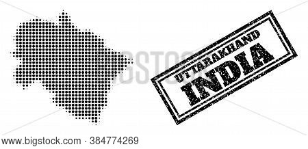 Halftone Map Of Uttarakhand State, And Scratched Seal. Halftone Map Of Uttarakhand State Constructed