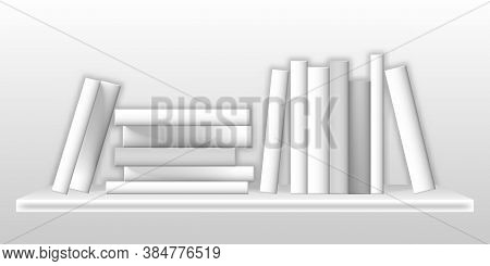 White Mockup Of Books On Bookshelf. Realistic Blank Paperback Volumes On Shelf, Standing In Row And 