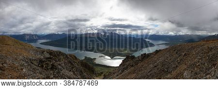 Panoramic View Canadian Nature On Top Of Nares Mountain During Fall Season. Located In Carcross, Nea
