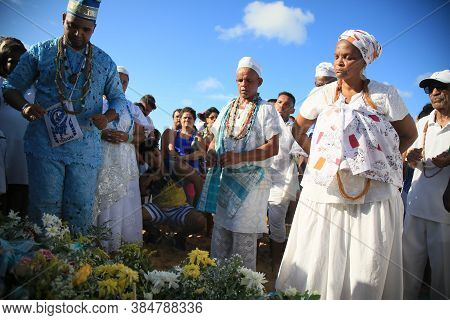Salvador, Bahia / Brazil - February 2, 2020: Candomble Supporters And Supporters Greet Iemanja At A 