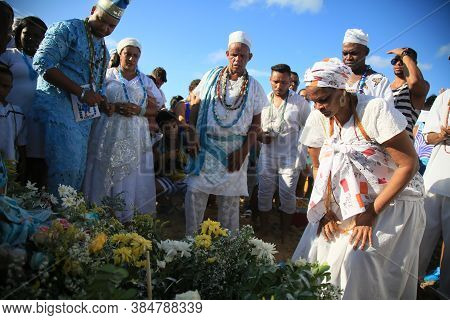 Salvador, Bahia / Brazil - February 2, 2020: Candomble Supporters And Supporters Greet Iemanja At A 
