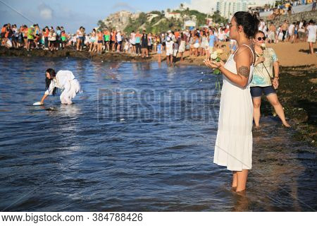 Salvador, Bahia / Brazil - February 2, 2020: Candomble Supporters And Supporters Greet Iemanja At A 