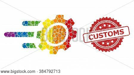 Rush Gear Collage Icon Of Round Dots In Different Sizes And Spectrum Color Tinges, And Customs Textu