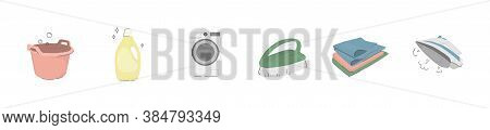 Set Of Colored Vector Icons - Basin, Washing Gel, Washing Machine, Brush, Clean Linen, Iron. The Con