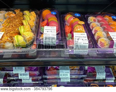 Orlando,fl/usa -5/15/20:  Fresh And Handmade Sushi In The Refridgerated Aisle Of A Sams Club Grocery