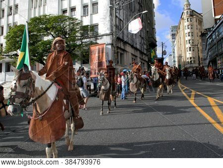 Salvador, Bahia / Brazil - July 2, 2007: Cowboys And Their Horses Are Spotted At Castro Alves Square