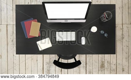 Office Desk With Computer And Screen Seen To Camera. White Displ