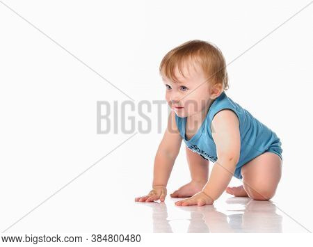 Infant Child Baby Boy Crawling And Happy Looking At The Corner Isolated On A White Background. Boy W
