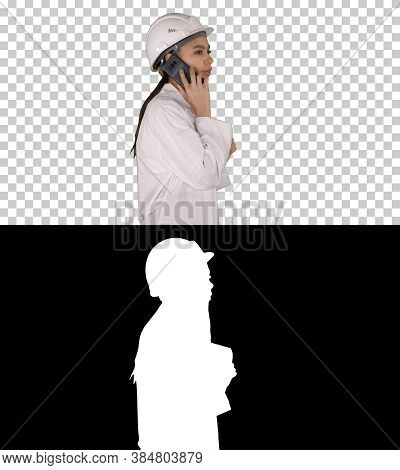 Female Science Engineer Making A Call While Walking, Alpha Chann