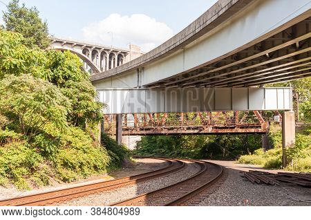 Railroad Tracks Under Three Bridges, An Old Rusted Railroad Bridge, The Braddock Avenue Overpass And