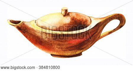 Watercolor Image Of Ancient Oil Lamp. Antique Copper Household Item Isolated On White Background. Ha