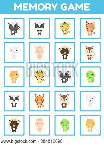 Memory Game With Cute Set Cartoon Animals. Cards Game Find Two Two Identical Pictures. Kids Activity