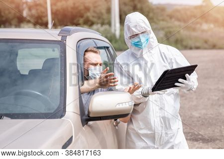 Checking And Disinfecting Car For Virus Covid-19 And Bubonic Plague Border Of City And Country. Doct