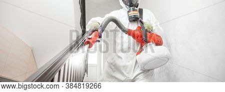 Worker Specialist In White Hazmat Suits Cleaning Disinfecting Cells Coronavirus Epidemic, Clear Viru
