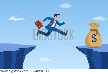 Businessman Jump Through The Gap To Get Bag Full Of Money. An Employee With A Running Jump From One 
