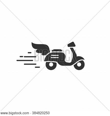 Black Line Retro Scooter Or Motorbike With Wings. Flat Vector Illustration Isolated On White.