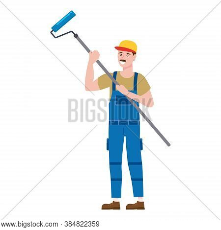 Construction Worker Painter With Rollerbrush In Workwear. Craftsman Character Vector Isolated