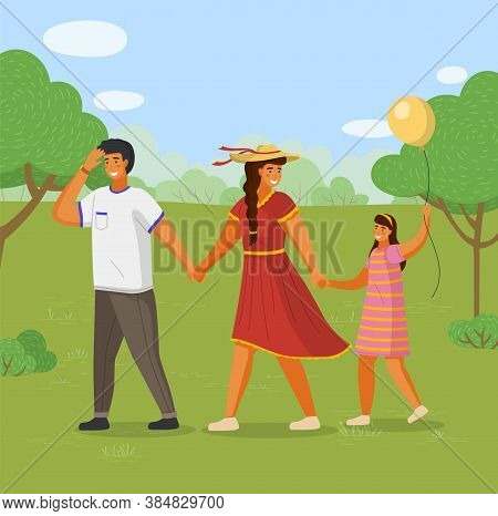 Family Walking Together Outdoors, Young Father, Mother With Little Daughter Holding Balloon Walk At 