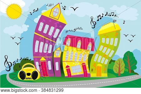 Cartoon Cool Landscape With A Hill And A Road. Dancing City. Funny Houses Dance. Vector Background. 