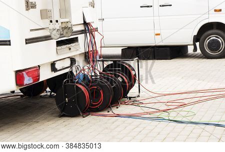 The Telecommunication Cables On Reels , Broadband Cable Drum With Laying Trailer