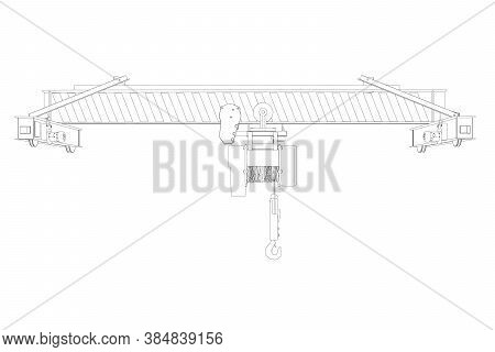Contour Of Lifting Stationary Crane From Black Lines Isolated On White Background. 3d. Front View. V