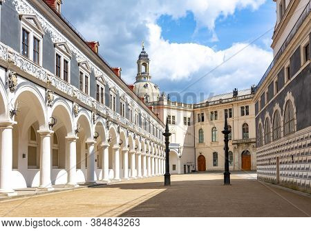 Dresden Castle With Frauenkirche (church Of Our Lady) Dome At Background In Dresden, Germany - May 2
