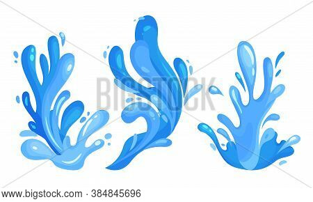 Blue Curved Water Splashes With Drops Vector Set