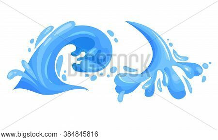 Blue Curved Water Splashes With Drops Vector Set