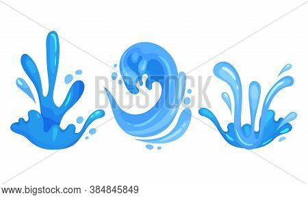 Blue Curved Water Splashes With Drops Vector Set